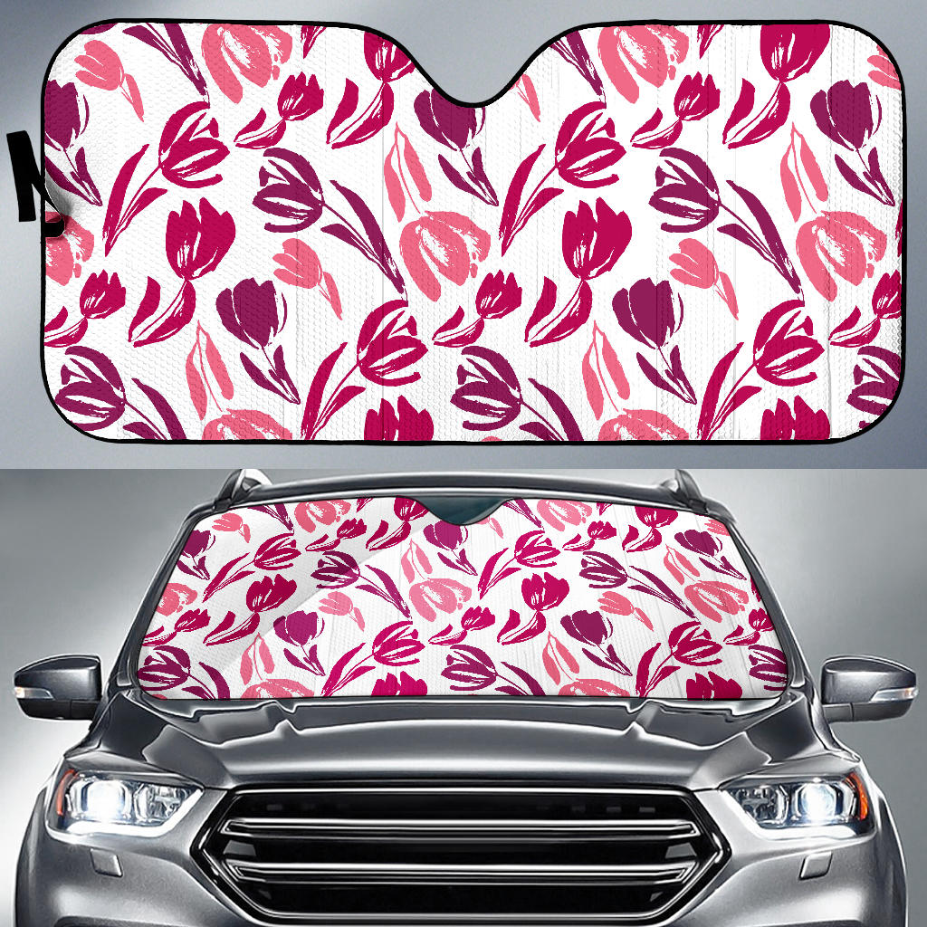 Pink Sketch Tulip Pattern Car Sun Shade