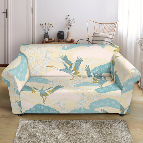 Bonsai Bamboo Stork Japanese Pattern Cream Theme Loveseat Couch Slipcover