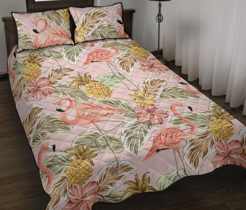 Pink flamingo birds pineapples hibiscus flower pattern Quilt Bed Set