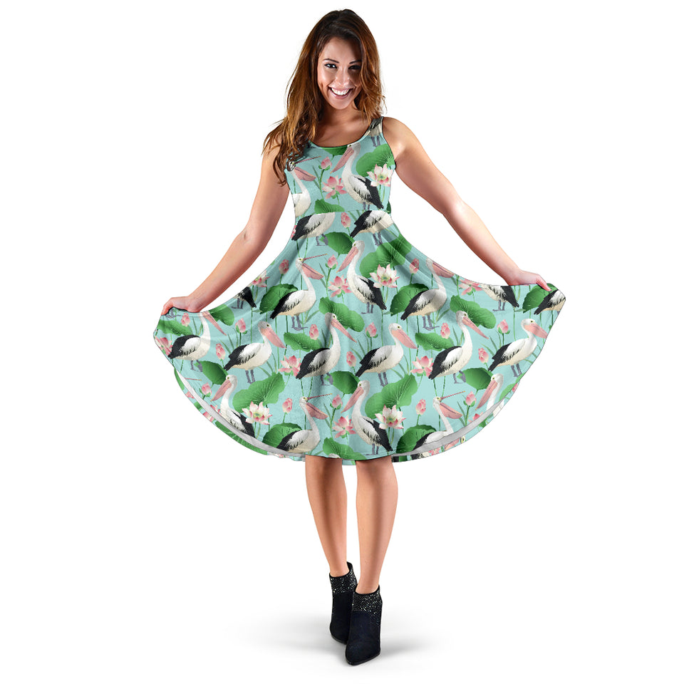Pelican Pattern Print Design 01 Sleeveless Midi Dress