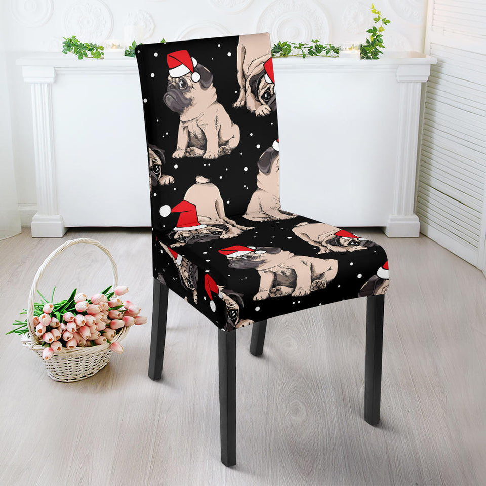 Christmas Pugs Santa_S Red Cap Pattern Dining Chair Slipcover