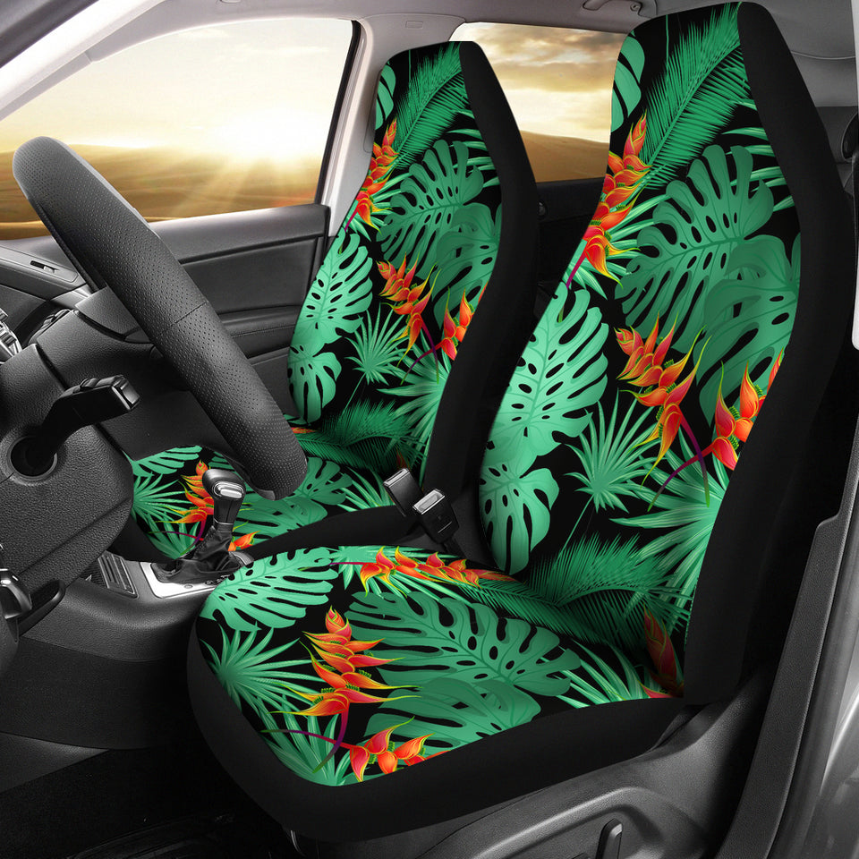 Heliconia Flower Palm Monstera Leaves Black Background Universal Fit Car Seat Covers