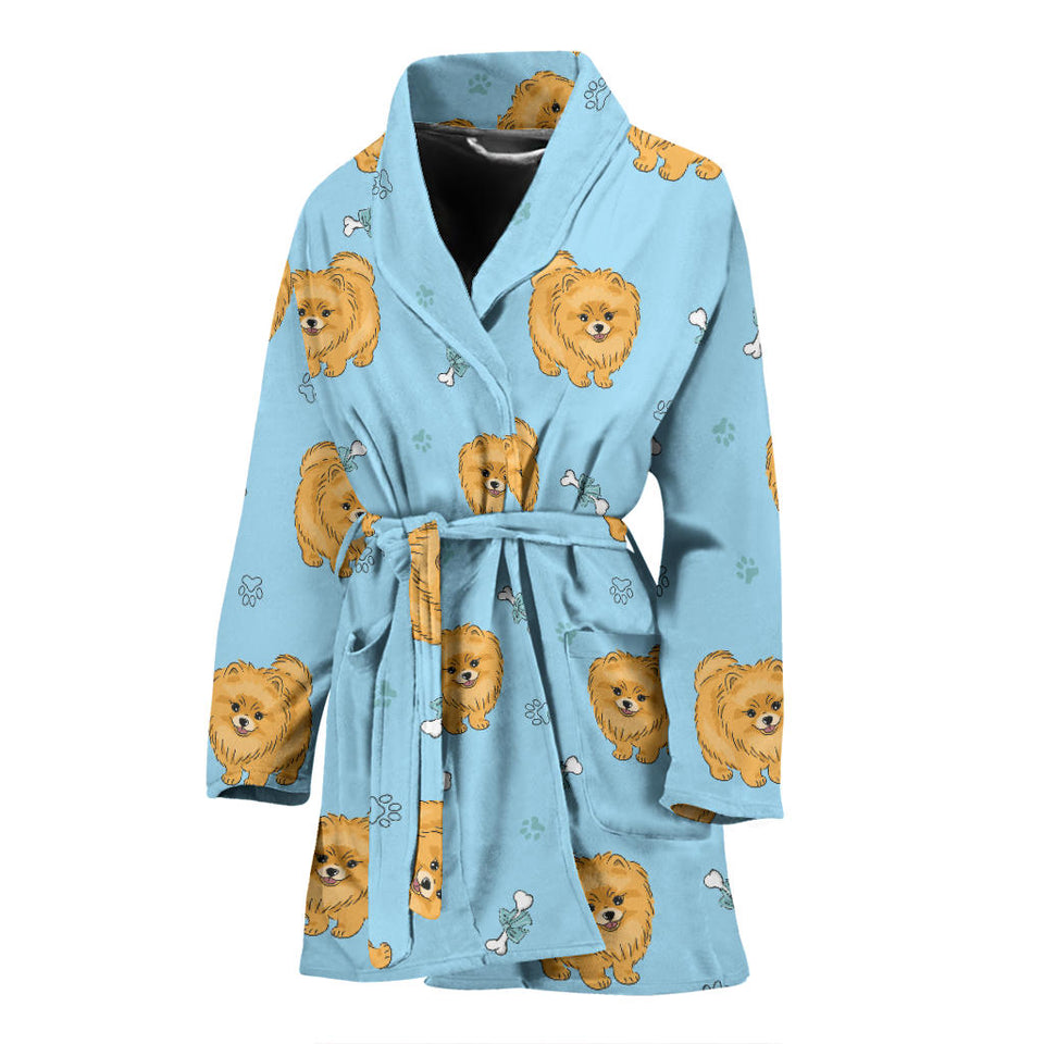 Brown Cute Pomeranian Blue Blackground Women'S Bathrobe