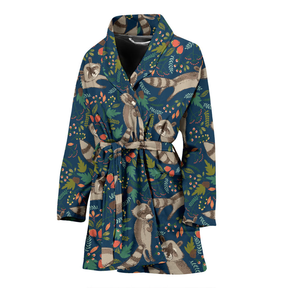 Raccoon Tropical Leaves Pattern Women'S Bathrobe