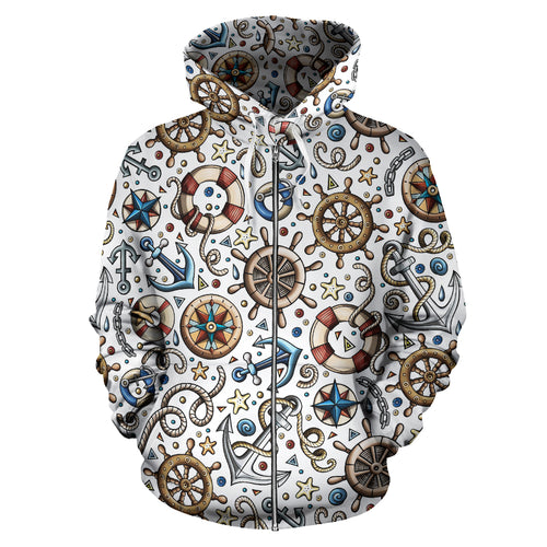 Cute Nautical Steering Wheel Anchor Pattern Zip Up Hoodie