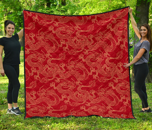 Gold Dragons Red Background Premium Quilt
