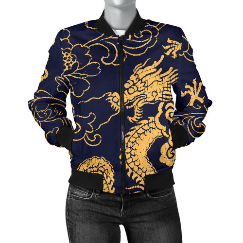 Gold Dragon Pattern Women'S Bomber Jacket