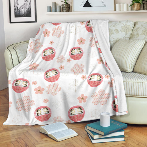 Daruma Japanese Wooden Doll Cherry Blossom Flower Pattern Premium Blanket