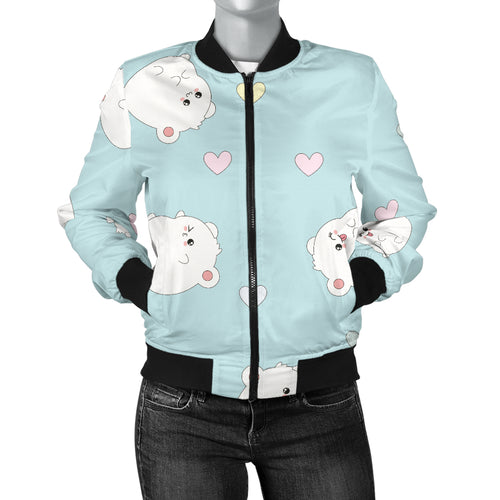 White Cute Hamsters Heart Pattern Women'S Bomber Jacket