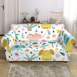 Cute Elephants Palm Tree Flower Butterfly Pattern Loveseat Couch Slipcover