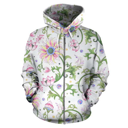 Beautiful Pink Lotus Waterlily Leaves Pattern Zip Up Hoodie