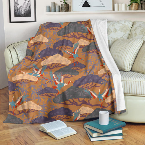 Bonsai Bamboo Stork Japanese Pattern Brown Theme Premium Blanket