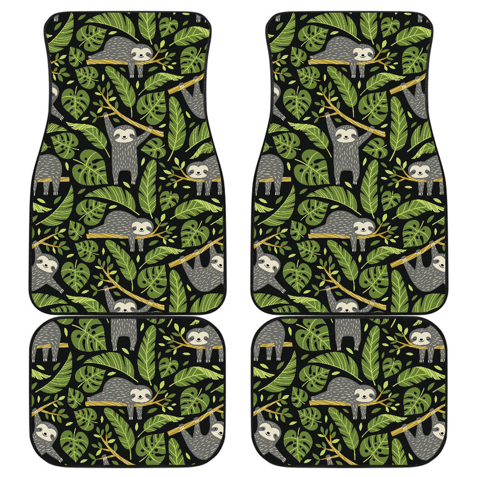 Cute Sloths Tropical Palm Leaves Black Background Front And Back Car Mats