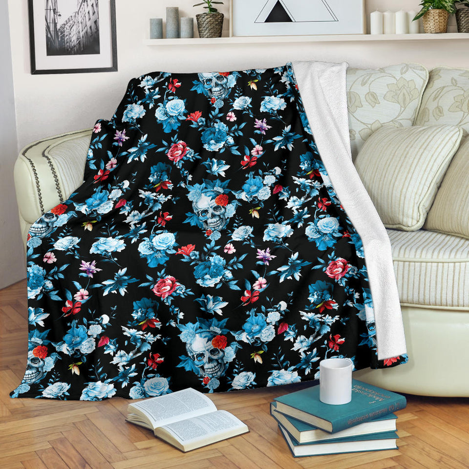 Skull Flower Roses Leave Pattern Premium Blanket