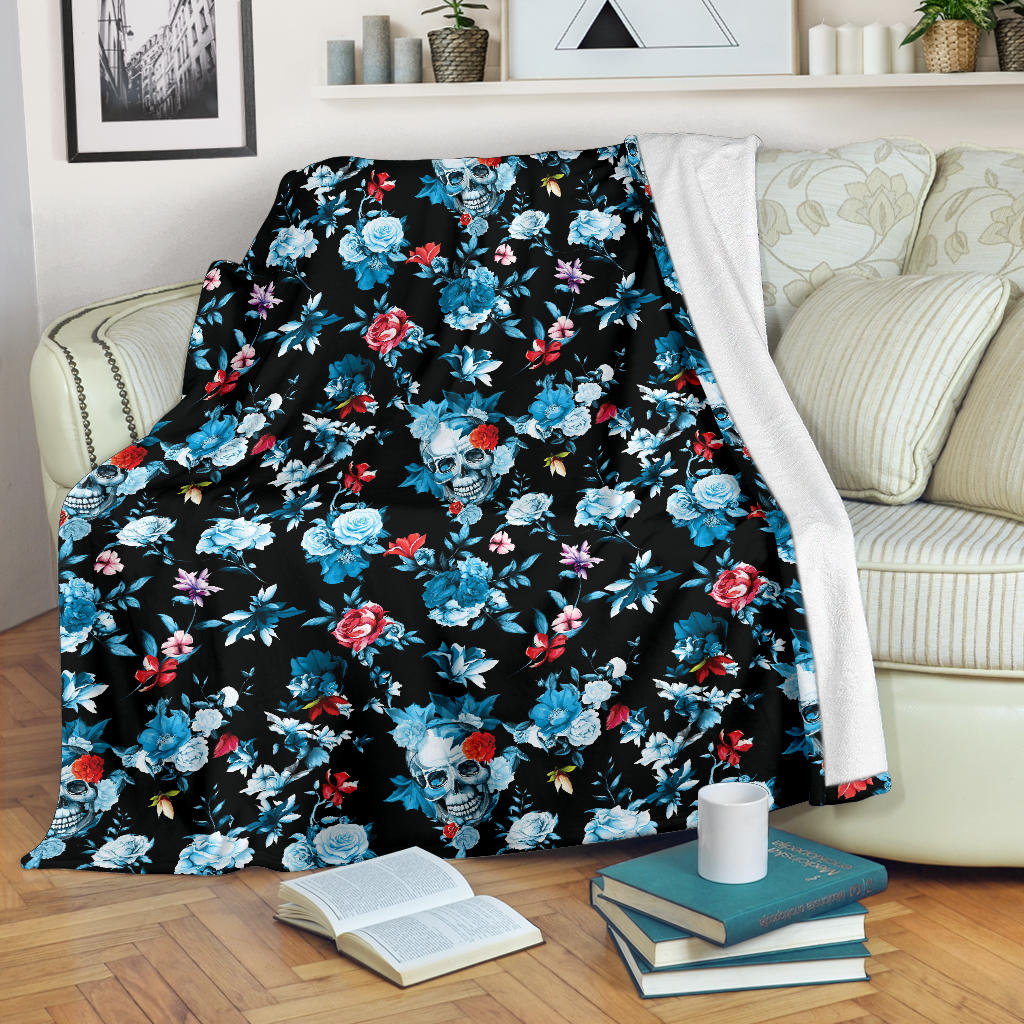 Skull Flower Roses Leave Pattern Premium Blanket