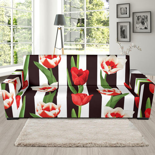 Red And White Tulips Pattern Sofa Slipcover