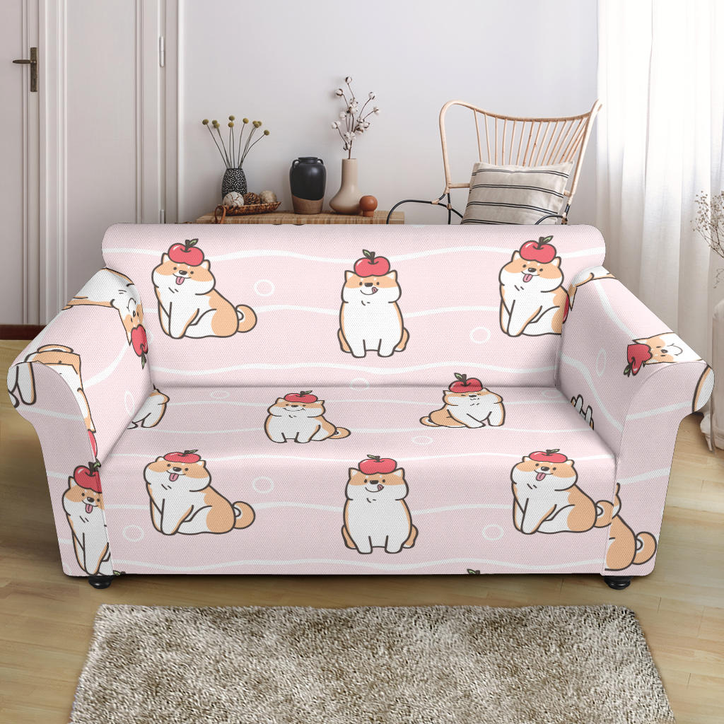 Cute Shiba Inu Dog Apple Pattern Loveseat Couch Slipcover