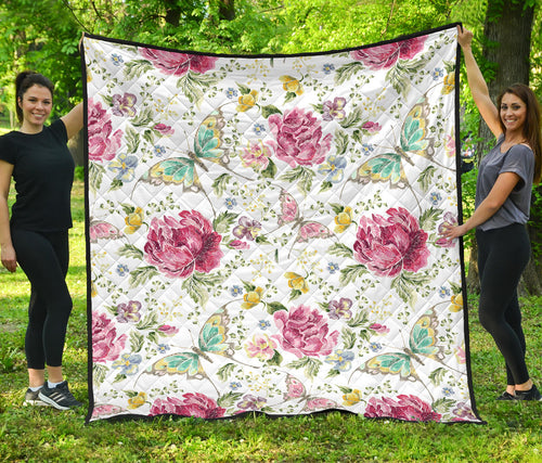 Hand Drawn Butterfly Rose Premium Quilt