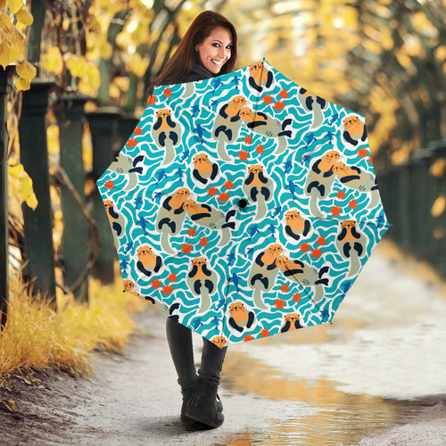 Cute Sea Otters Fishe Sea Urchin Pattern Umbrella