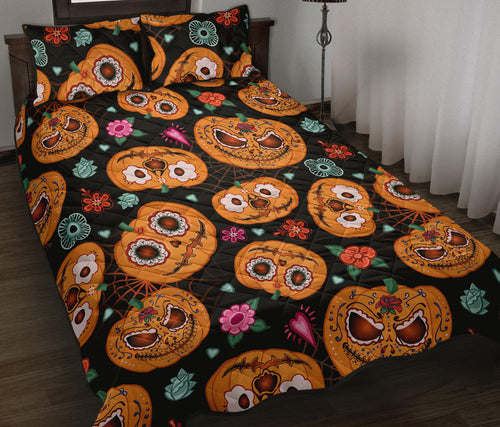 Pumpkin flowers spiderweb Halloween theme Quilt Bed Set