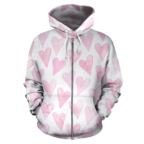 Watercolor Pink Heart Pattern Zip Up Hoodie