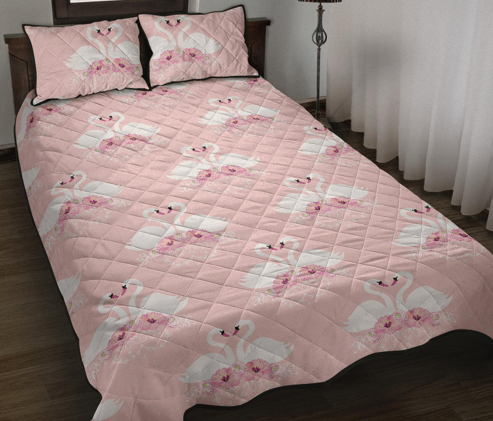 White swan and flower love pattern Quilt Bed Set