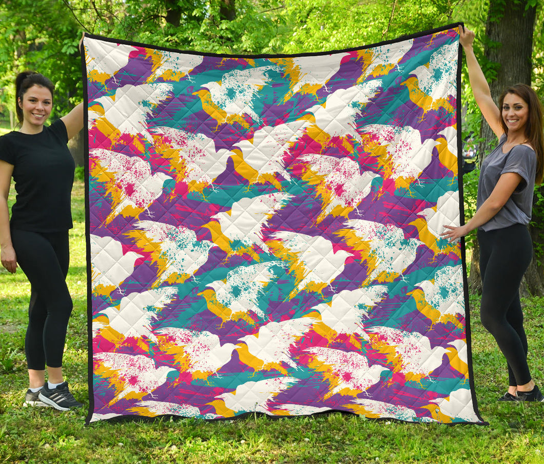Colorful Crow Illustration Pattern Premium Quilt