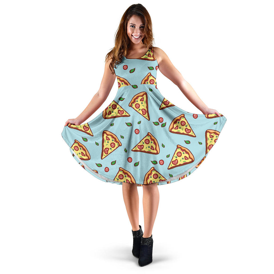 Hand Drawn Pizza Blue Background Sleeveless Midi Dress