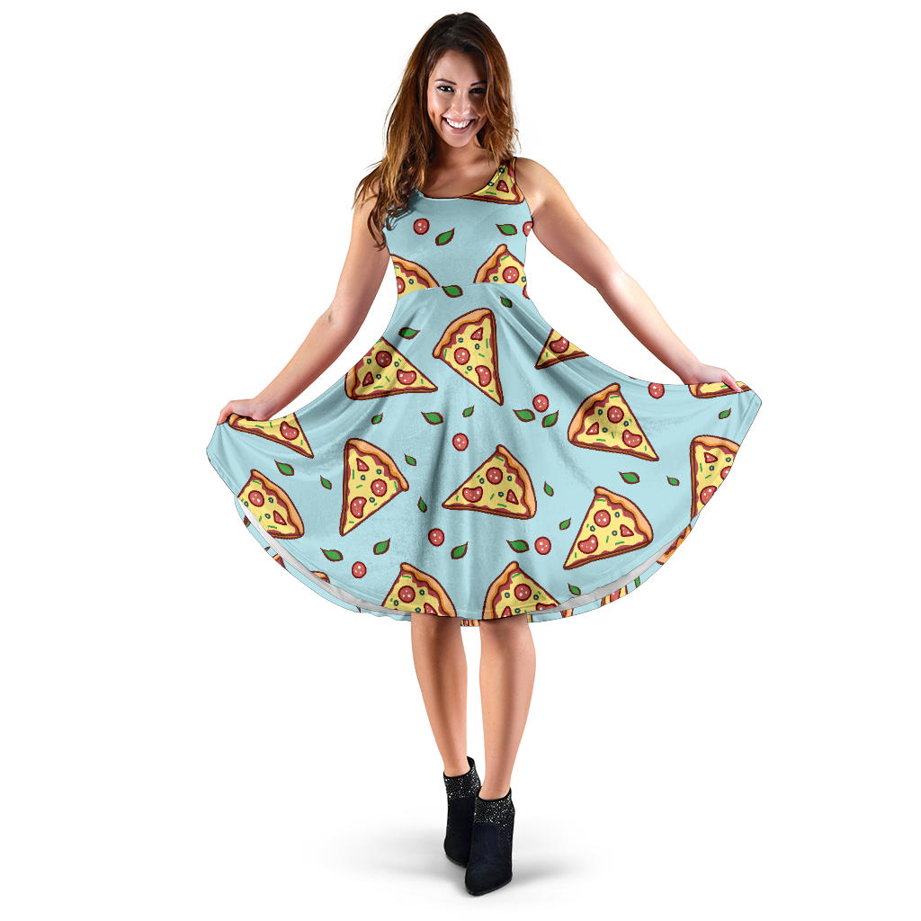 Hand Drawn Pizza Blue Background Sleeveless Midi Dress