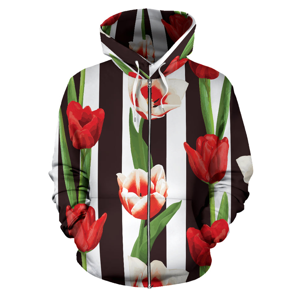 Red And White Tulips Pattern Zip Up Hoodie