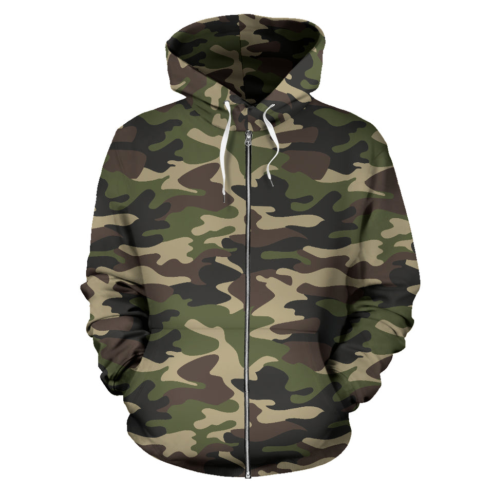 Dark Green Camouflage Pattern Zip Up Hoodie