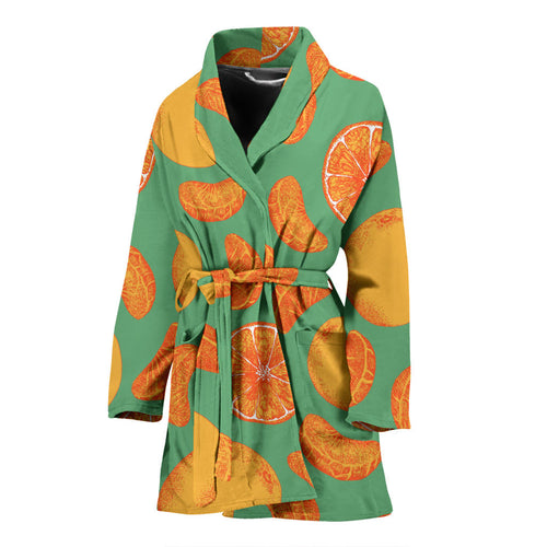 Orange Fruit Pattern Green Background Women'S Bathrobe