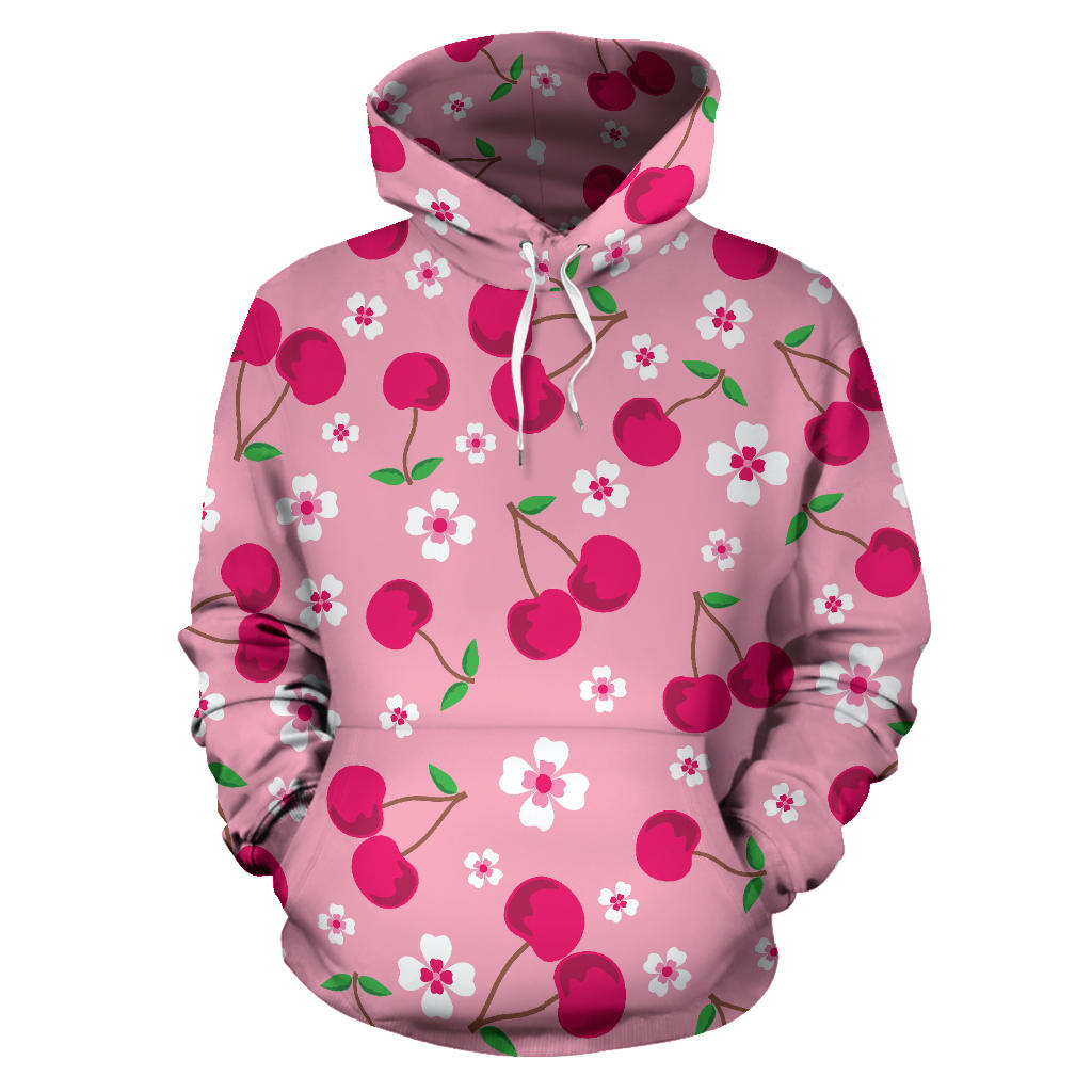 Cherry Flower Pattern Pink Background Men Women Pullover Hoodie