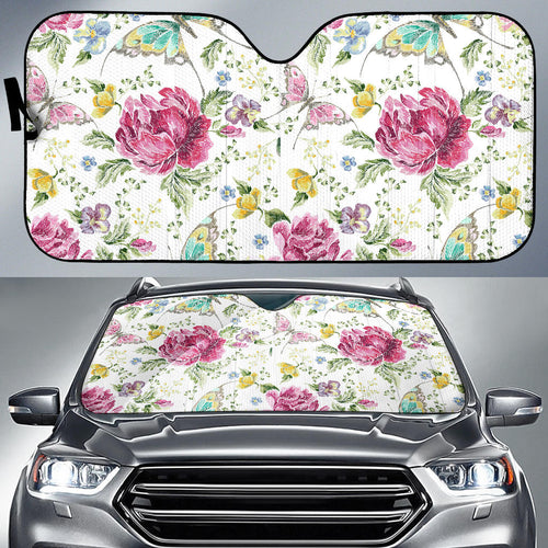 Hand Drawn Butterfly Rose Car Sun Shade