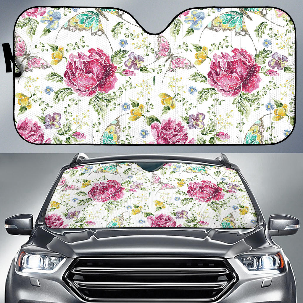 Hand Drawn Butterfly Rose Car Sun Shade