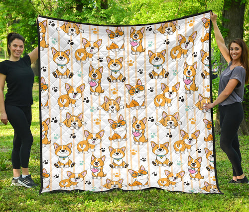 Cute Dog Corgi Striped Background Pattern Premium Quilt