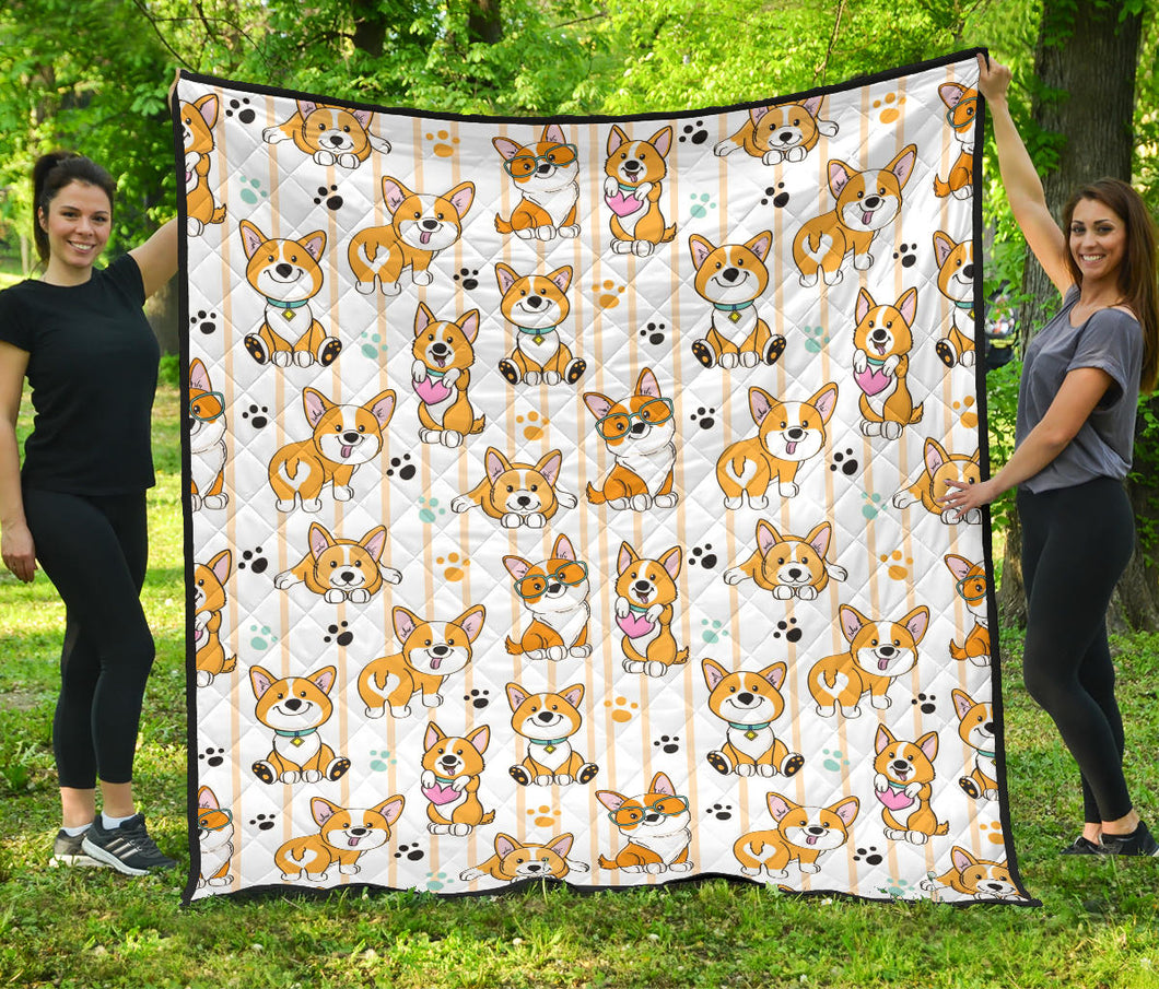 Cute Dog Corgi Striped Background Pattern Premium Quilt