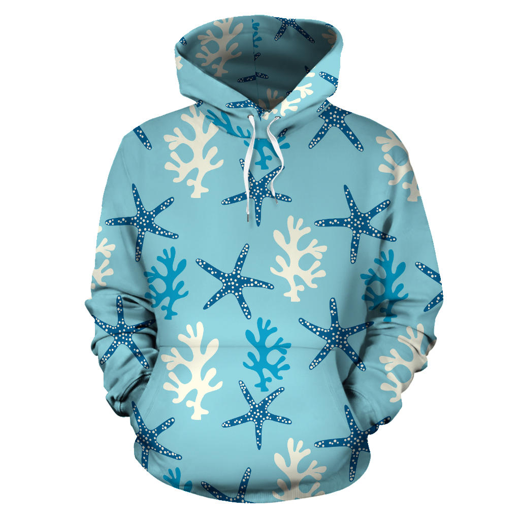 Blue Starfish Coral Reef Pattern Men Women Pullover Hoodie