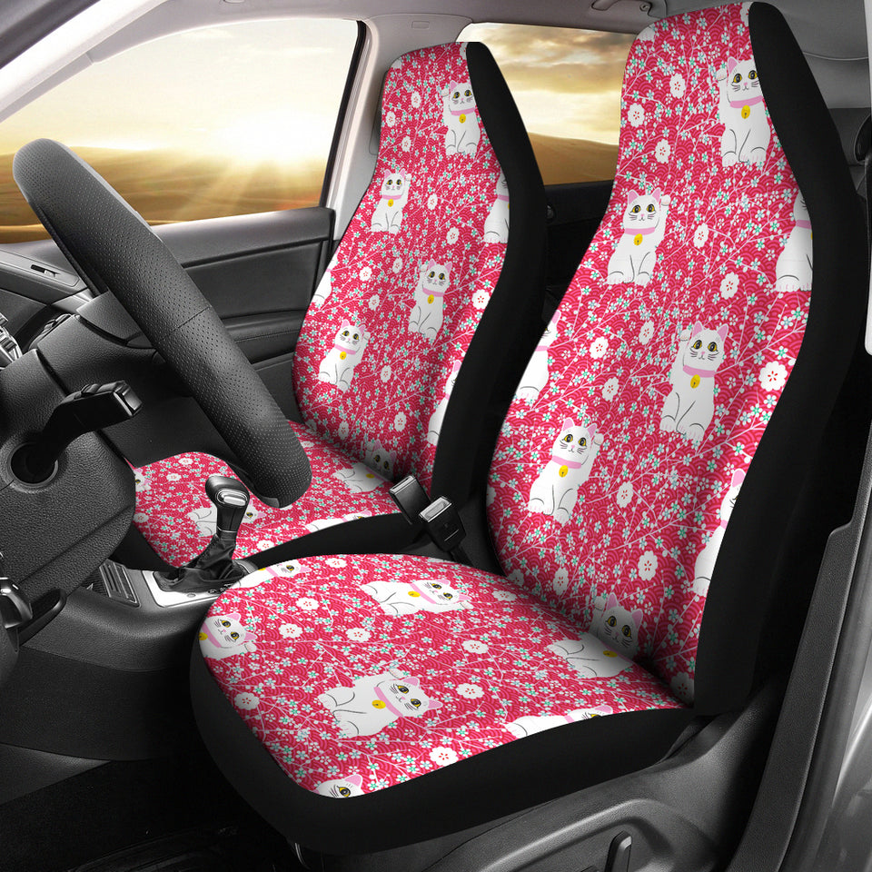 Maneki Neko Lucky Cat Sakura Pink Background Universal Fit Car Seat Covers