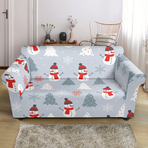 Snowman Christmas  Tree Snow Gray Background Loveseat Couch Slipcover