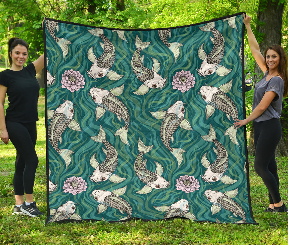 Koi Fish Carp Fish Lotus Pattern Premium Quilt