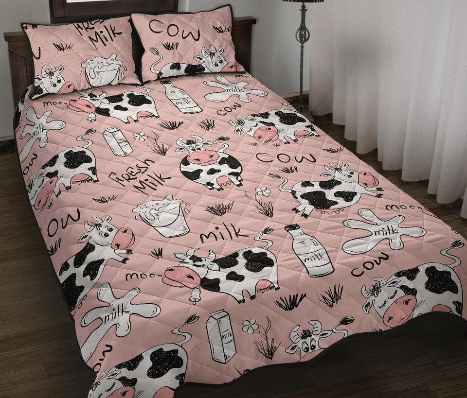 Cows milk product pink background Quilt Bed Set