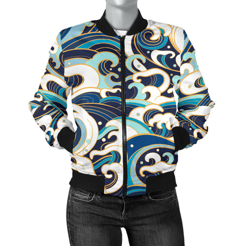 Japanese Wave Pattern Women'S Bomber Jacket