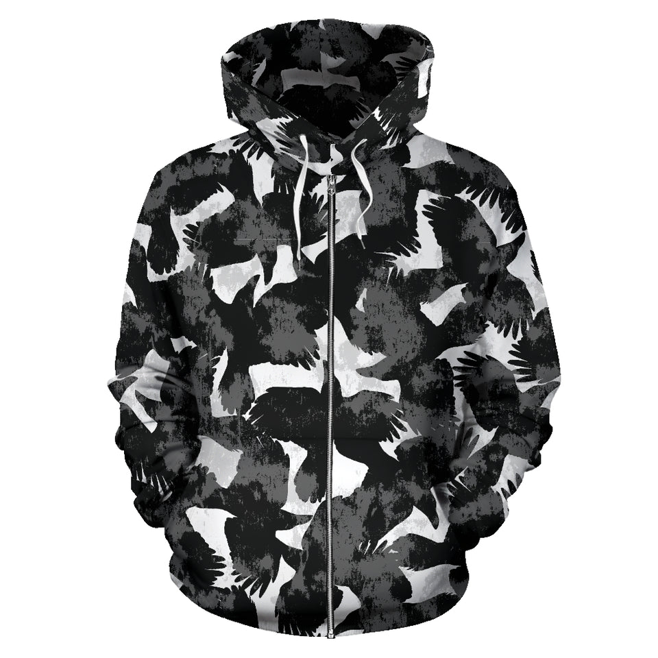Crow Illustration Pattern Zip Up Hoodie