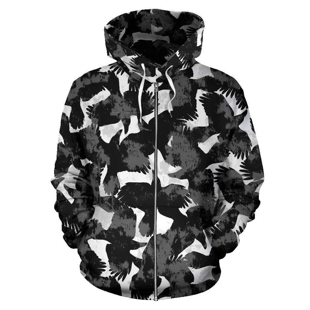 Crow Illustration Pattern Zip Up Hoodie