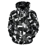 Crow Illustration Pattern Zip Up Hoodie