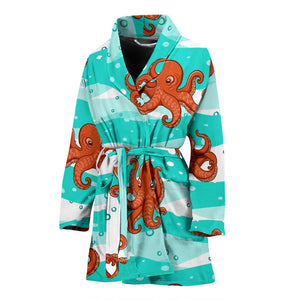 Octopuses Sea Wave Background Women'S Bathrobe