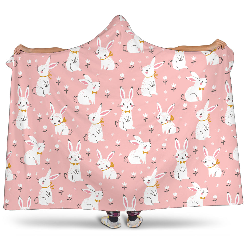Cute White Rabbit Flower Pink Background Hooded Blanket