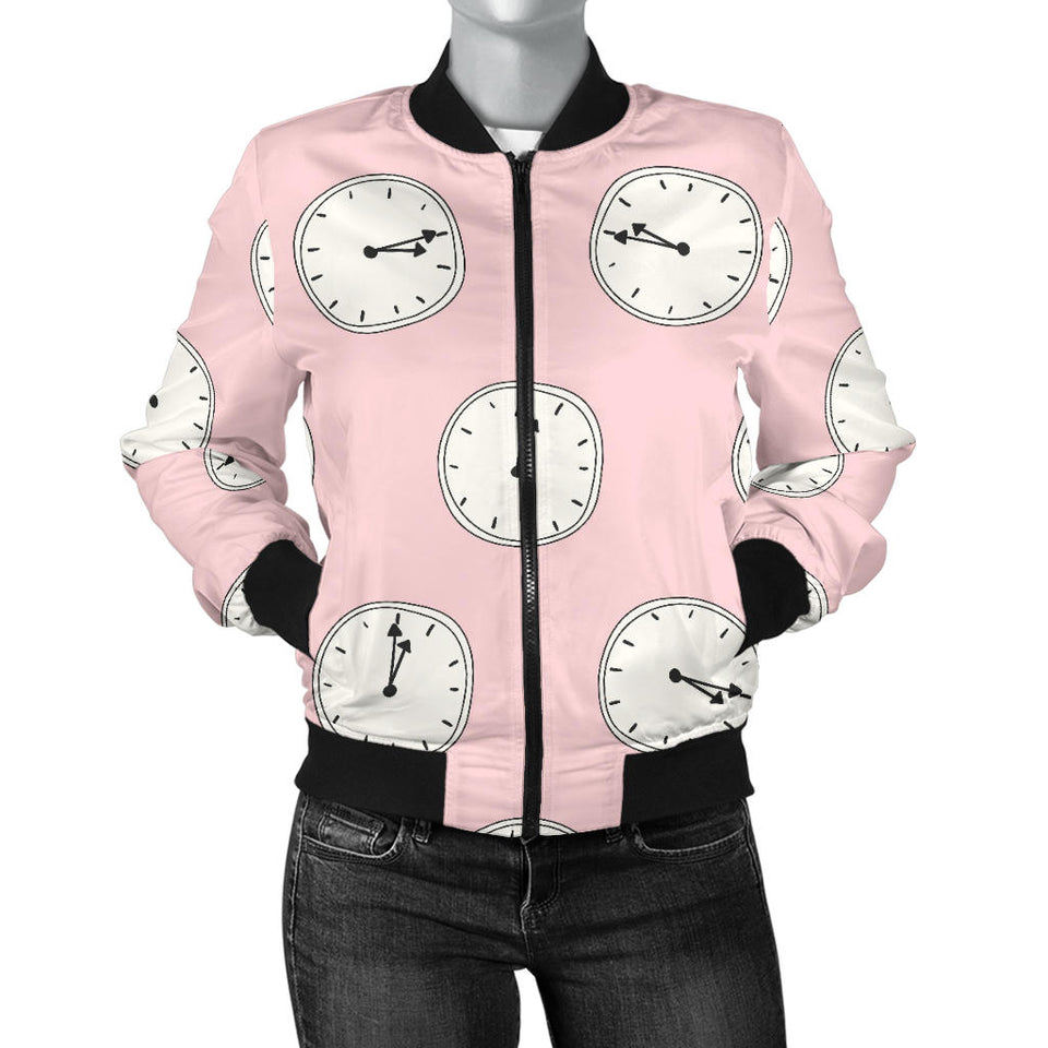 Clock Pattern Pink Blackground Women'S Bomber Jacket