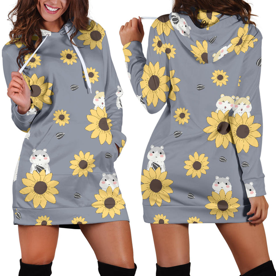 Cute Hamster Sunflower Pattern Background Women'S Hoodie Dress